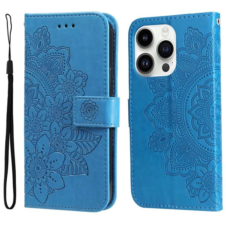 For iPhone 15 Pro Max Seven-petal Flowers Embossing Leather Phone Case(Blue)