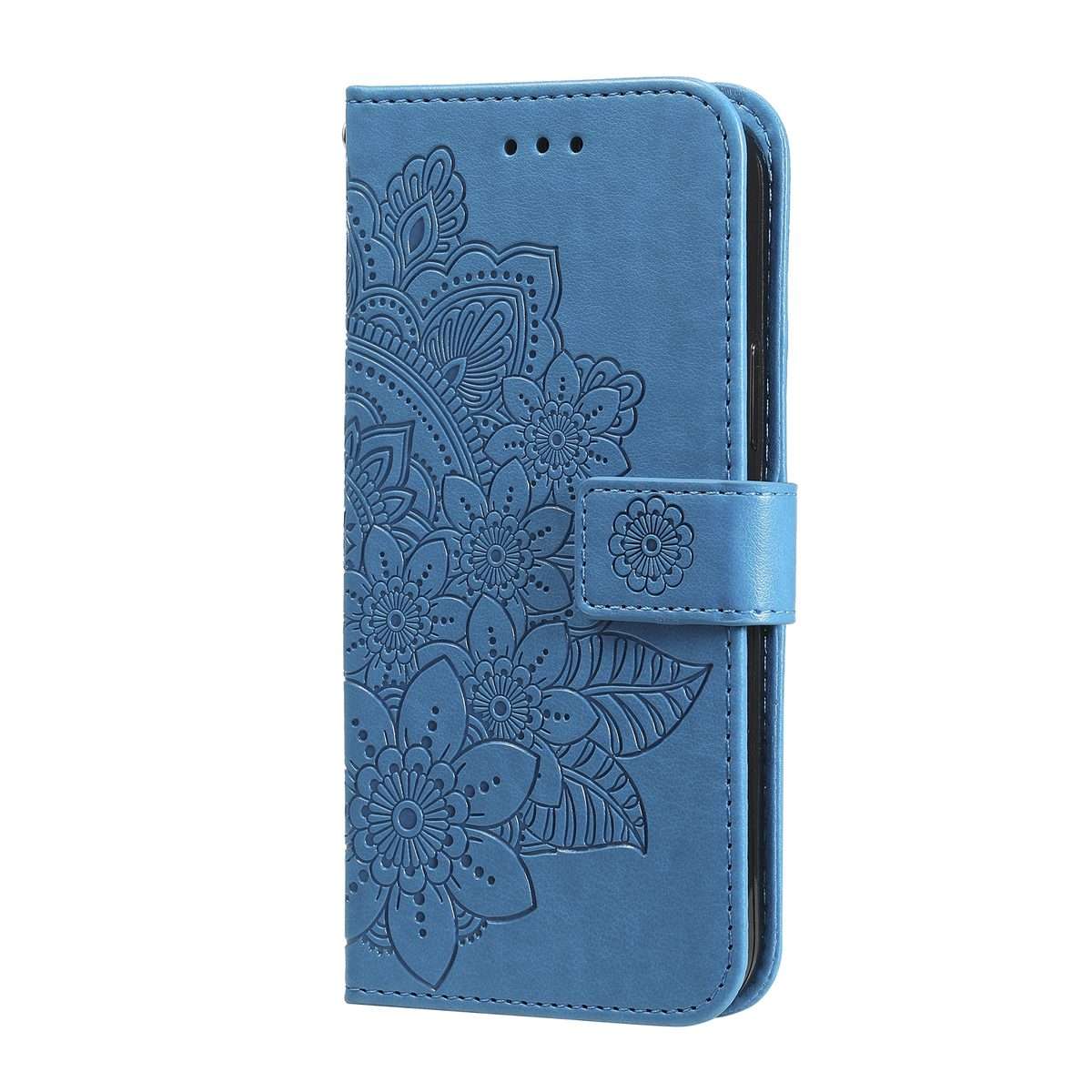 For iPhone 15 Pro Max Seven-petal Flowers Embossing Leather Phone Case(Blue)