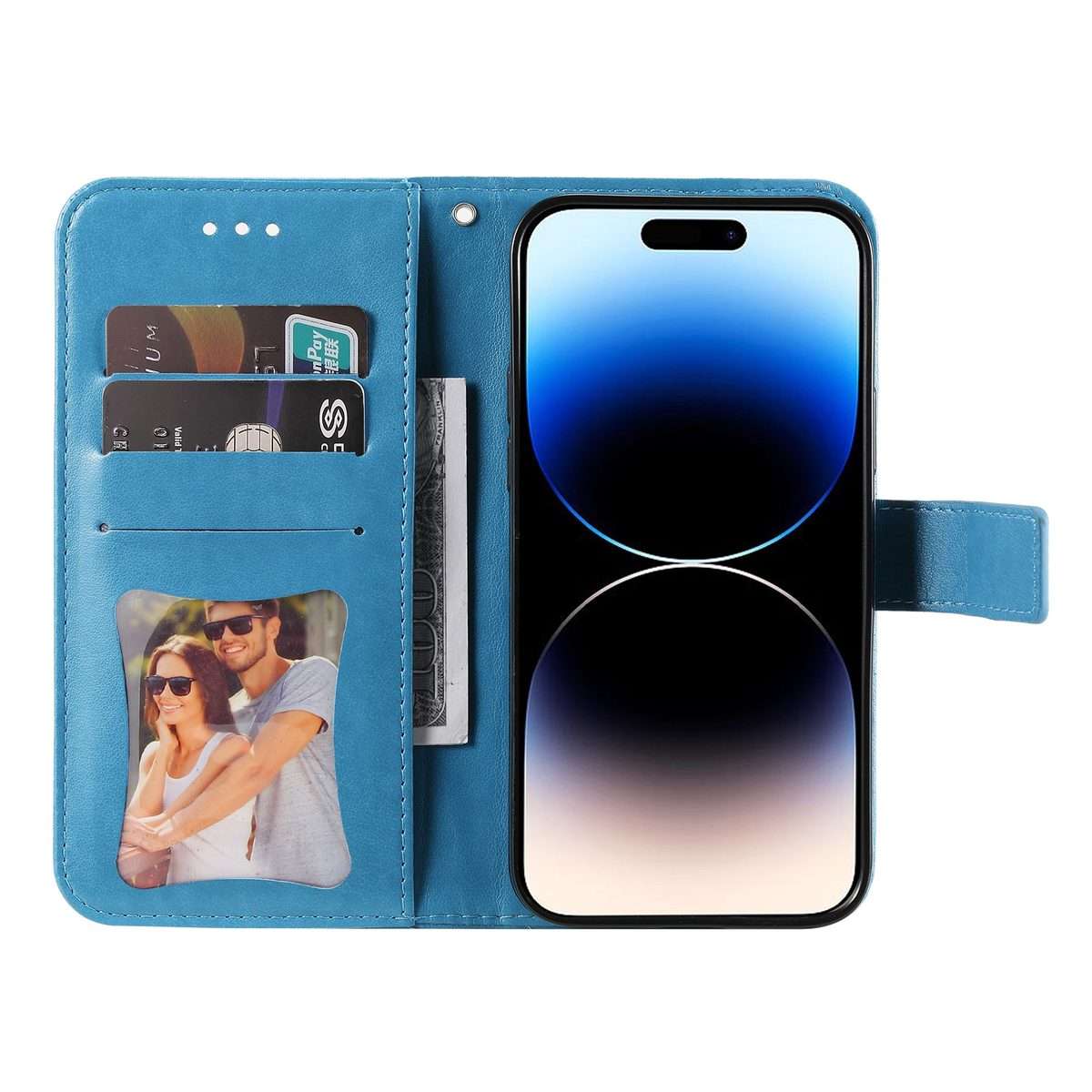 For iPhone 15 Pro Max Seven-petal Flowers Embossing Leather Phone Case(Blue)