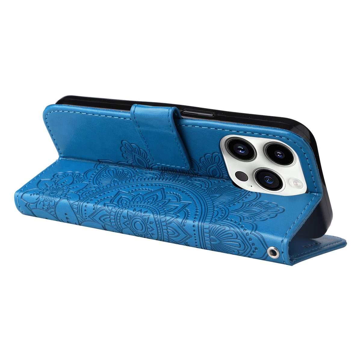 For iPhone 15 Pro Max Seven-petal Flowers Embossing Leather Phone Case(Blue)