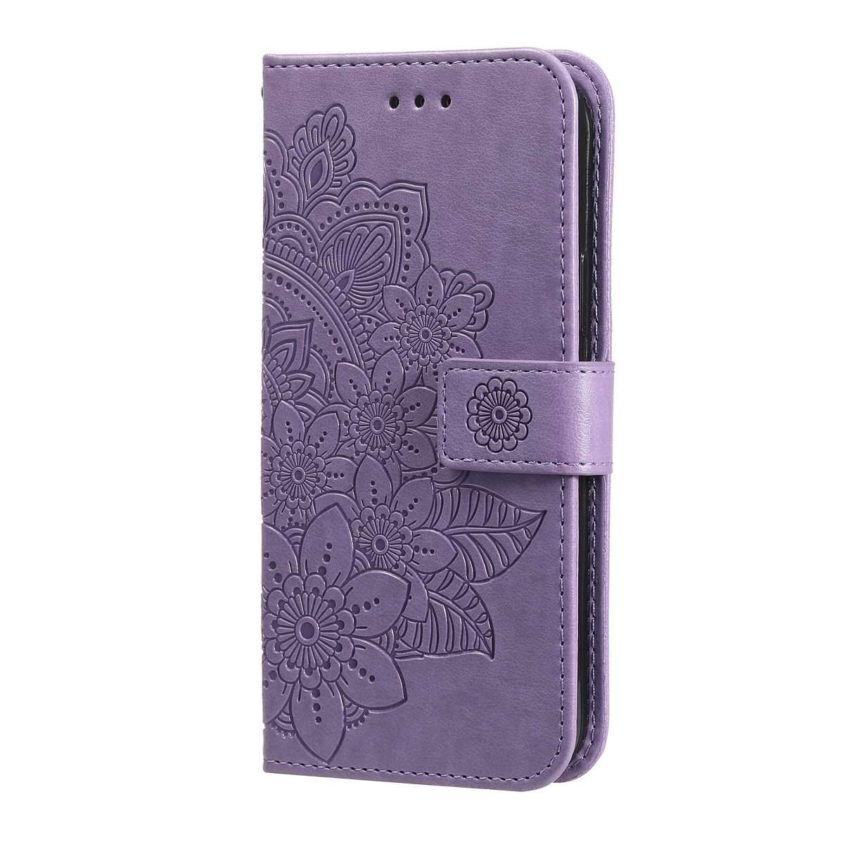 For iPhone 15 Pro Max Seven-petal Flowers Embossing Leather Phone Case(Light Purple)