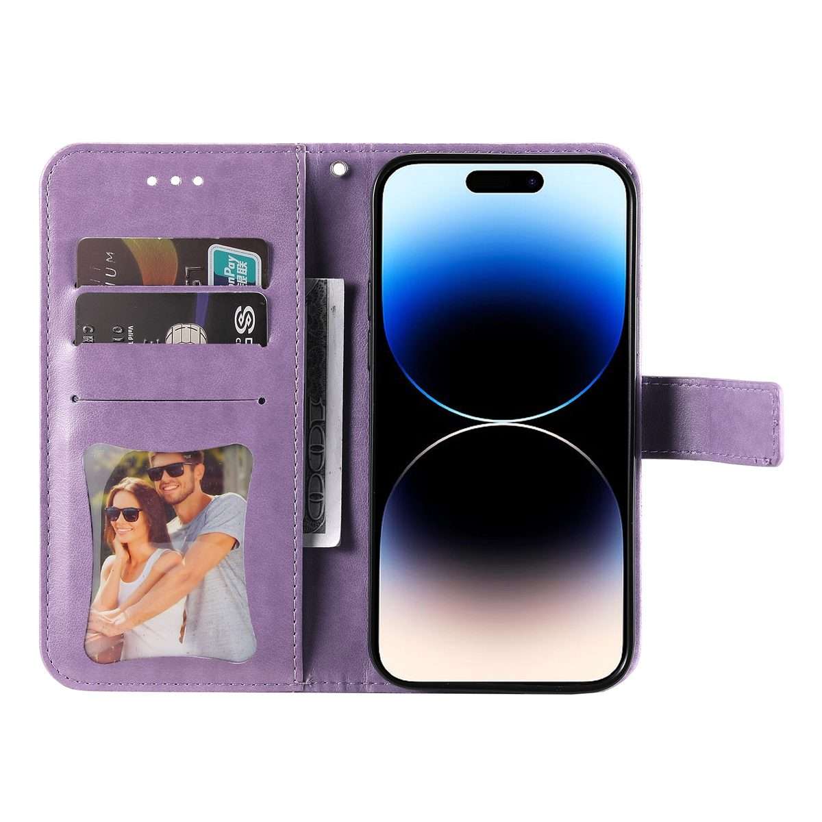 For iPhone 15 Pro Max Seven-petal Flowers Embossing Leather Phone Case(Light Purple)