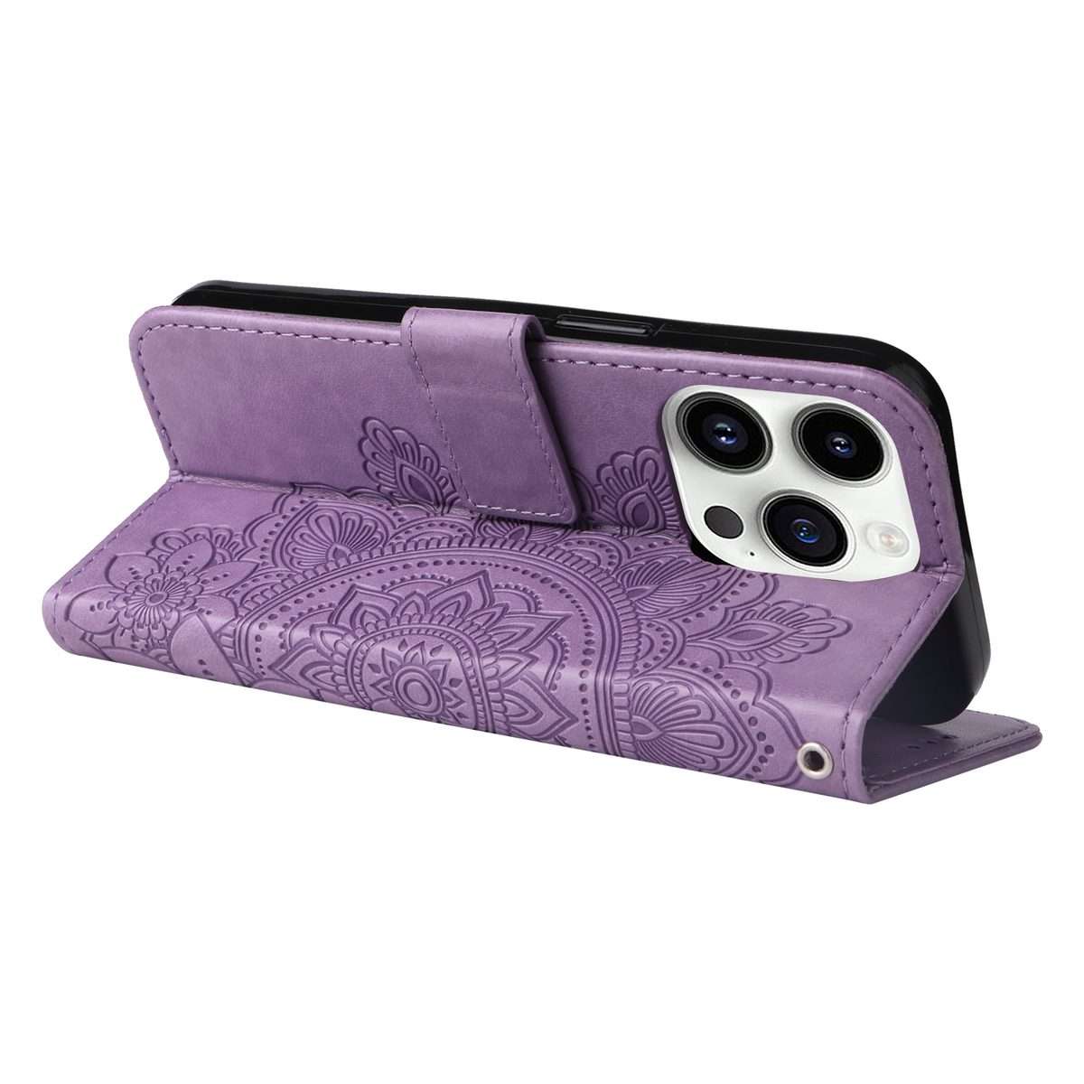 For iPhone 15 Pro Max Seven-petal Flowers Embossing Leather Phone Case(Light Purple)