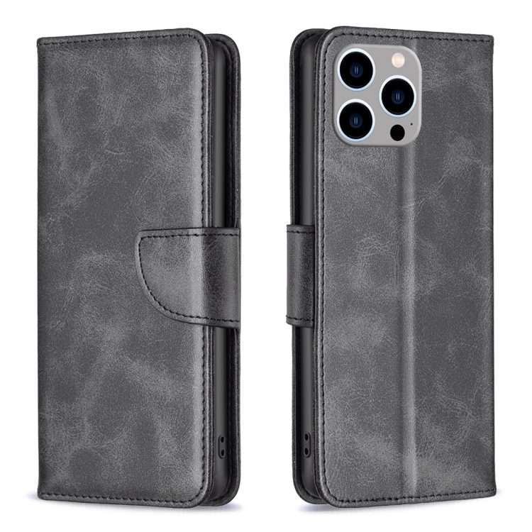 For iPhone 15 Pro Max Lambskin Texture Pure Color Flip Leather Phone Case(Black)