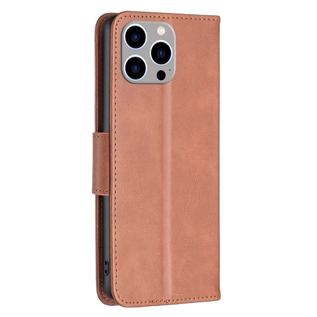 For iPhone 15 Pro Max Lambskin Texture Pure Color Flip Leather Phone Case(Brown)