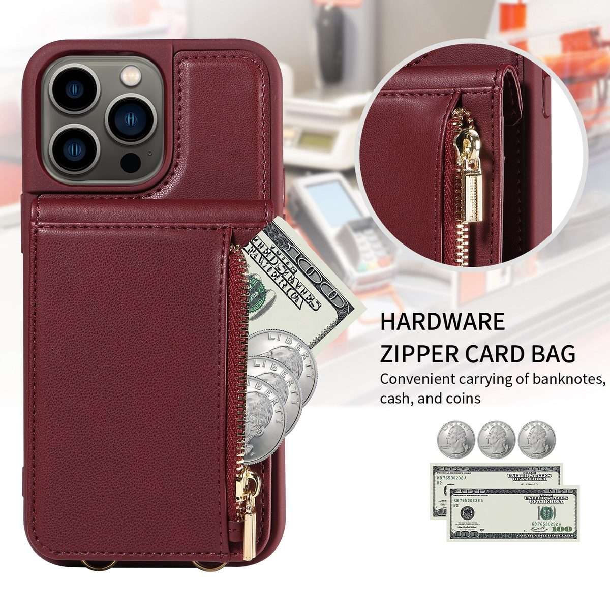 For iPhone 13 Pro Crossbody Lanyard Zipper Wallet Leather Phone Case(Wine Red)
