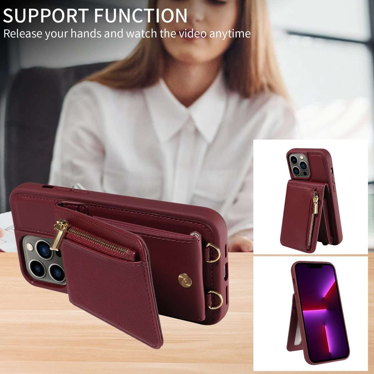 For iPhone 13 Pro Crossbody Lanyard Zipper Wallet Leather Phone Case(Wine Red)