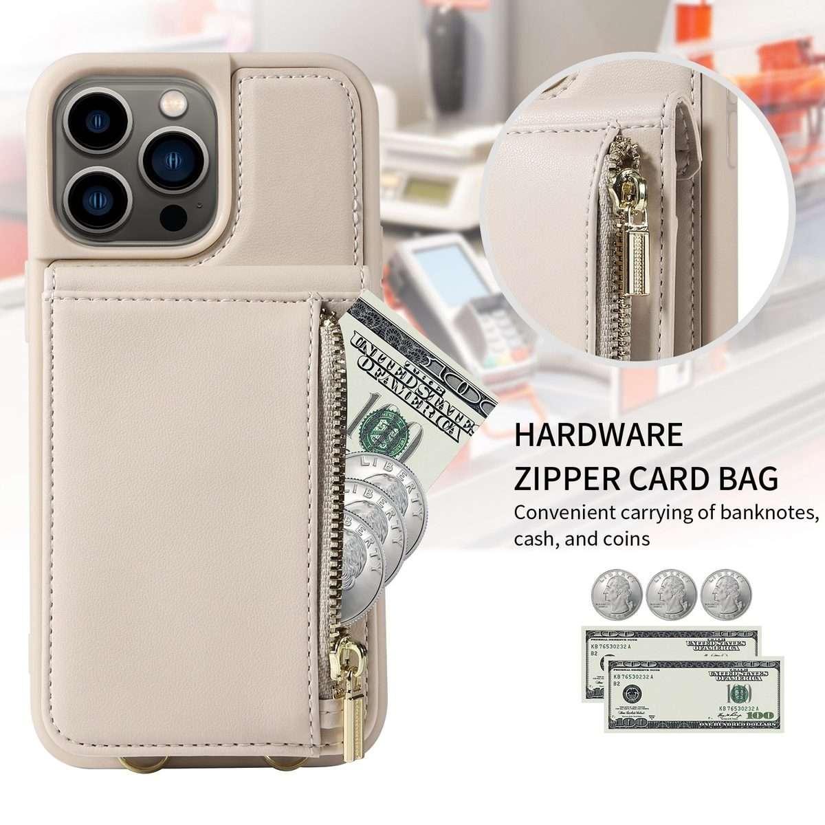 For iPhone 13 Pro Crossbody Lanyard Zipper Wallet Leather Phone Case(Beige)