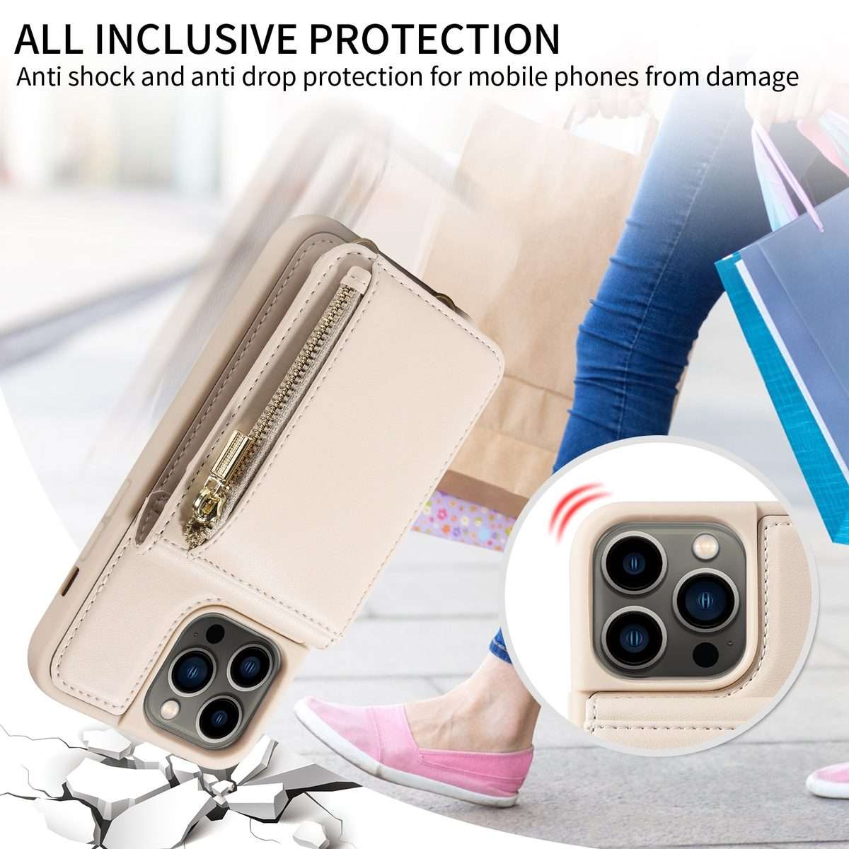 For iPhone 13 Pro Crossbody Lanyard Zipper Wallet Leather Phone Case(Beige)