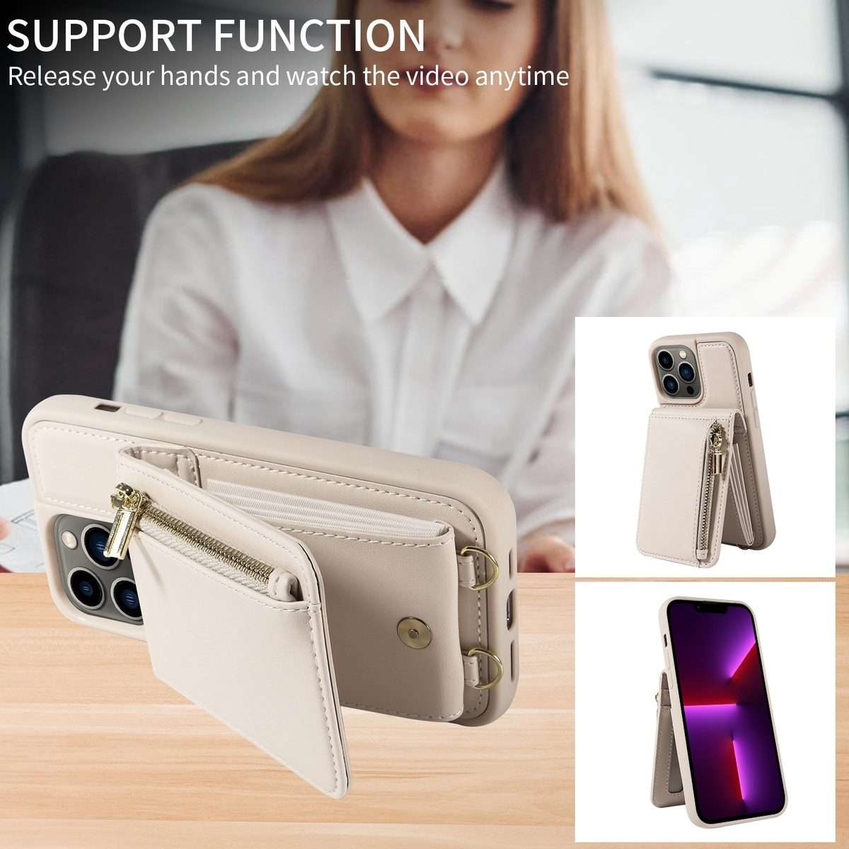 For iPhone 13 Pro Crossbody Lanyard Zipper Wallet Leather Phone Case(Beige)