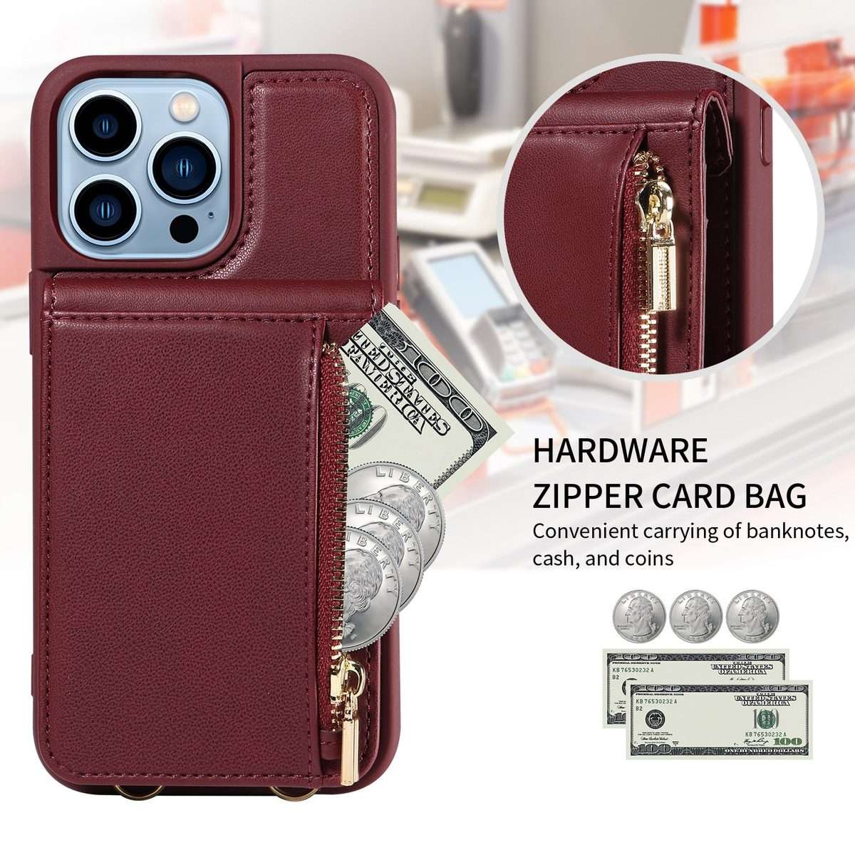 For iPhone 13 Pro Max Crossbody Lanyard Zipper Wallet Leather Phone Case(Wine Red)