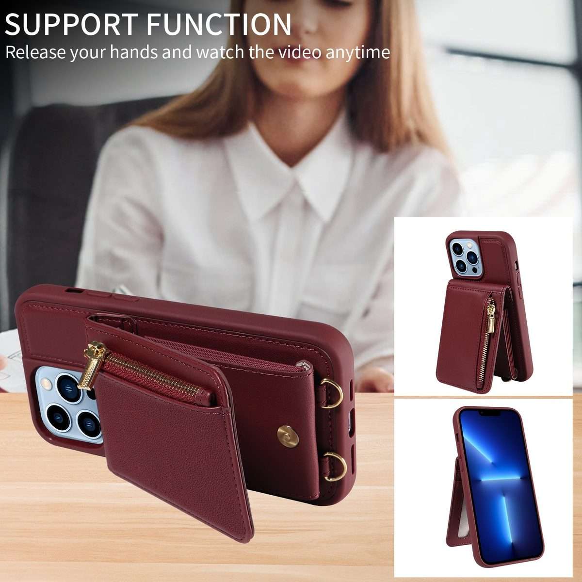 For iPhone 13 Pro Max Crossbody Lanyard Zipper Wallet Leather Phone Case(Wine Red)