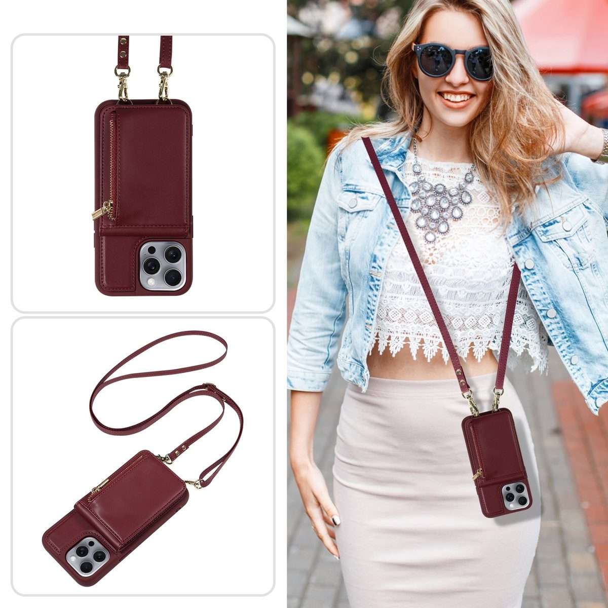 For iPhone 13 Pro Max Crossbody Lanyard Zipper Wallet Leather Phone Case(Wine Red)