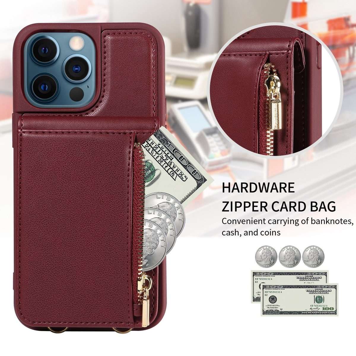 For iPhone 12 Pro Max Crossbody Lanyard Zipper Wallet Leather Phone Case(Wine Red)