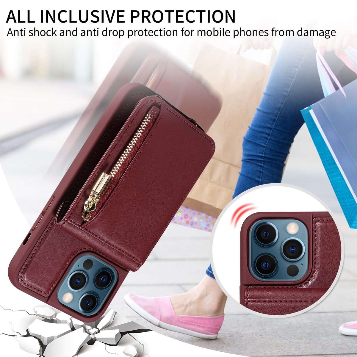 For iPhone 12 Pro Max Crossbody Lanyard Zipper Wallet Leather Phone Case(Wine Red)