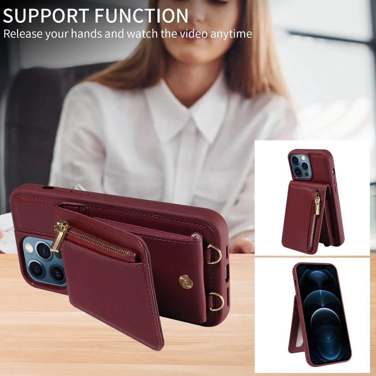 For iPhone 12 Pro Max Crossbody Lanyard Zipper Wallet Leather Phone Case(Wine Red)