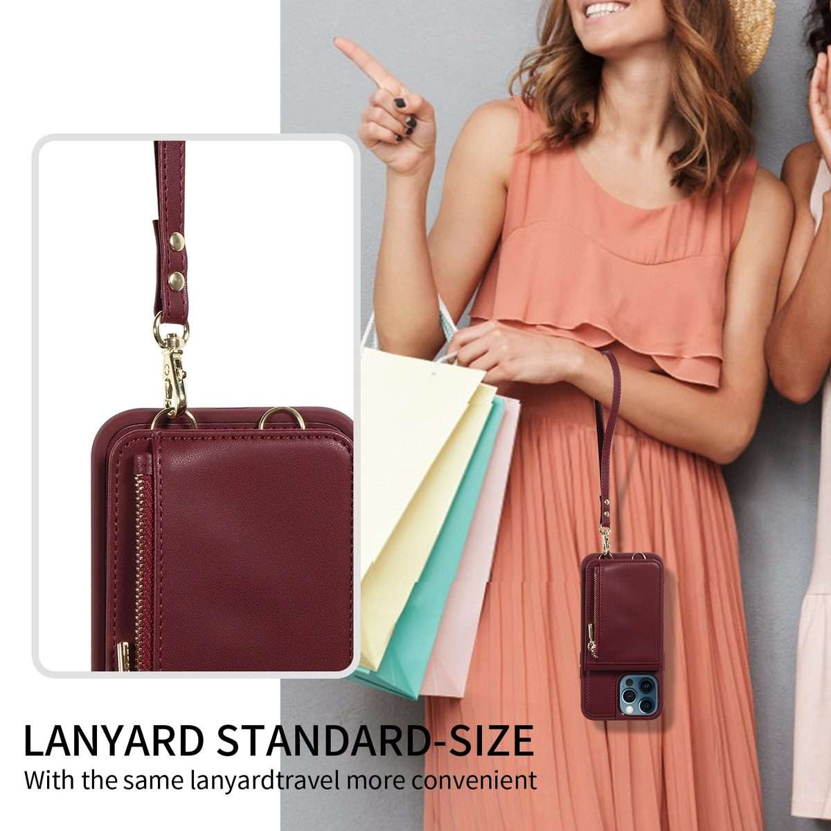 For iPhone 12 Pro Max Crossbody Lanyard Zipper Wallet Leather Phone Case(Wine Red)