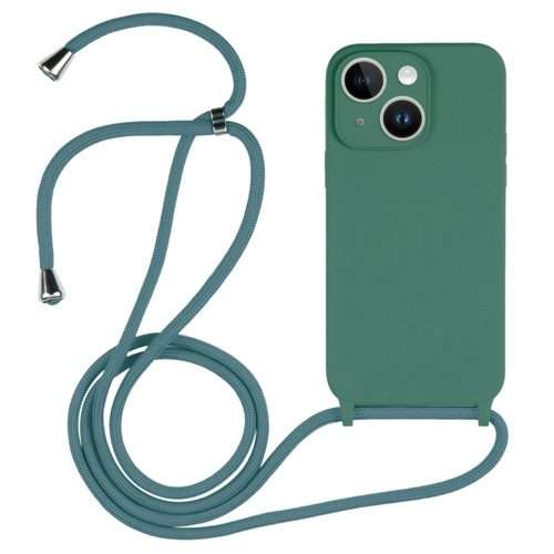 For iPhone 15 Crossbody Lanyard Liquid Silicone Case (Pine Needle Green)