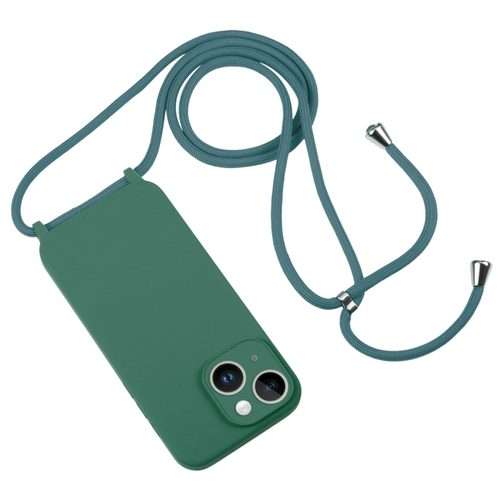 For iPhone 15 Crossbody Lanyard Liquid Silicone Case (Pine Needle Green)
