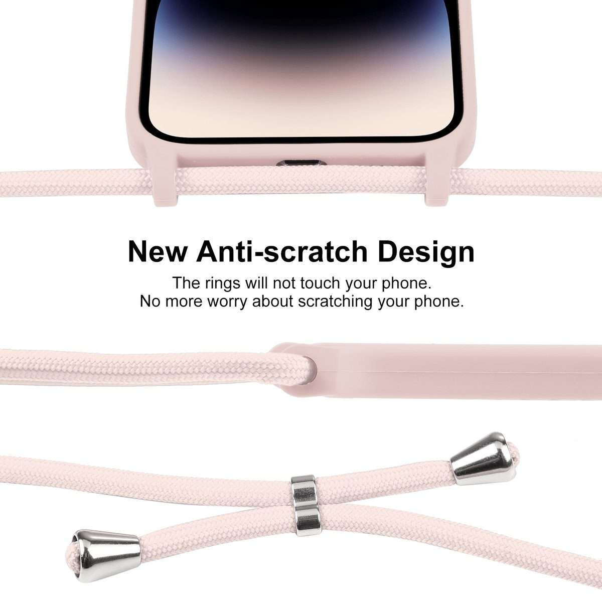 For iPhone 15 Pro Crossbody Lanyard Liquid Silicone Case(Sand Pink)