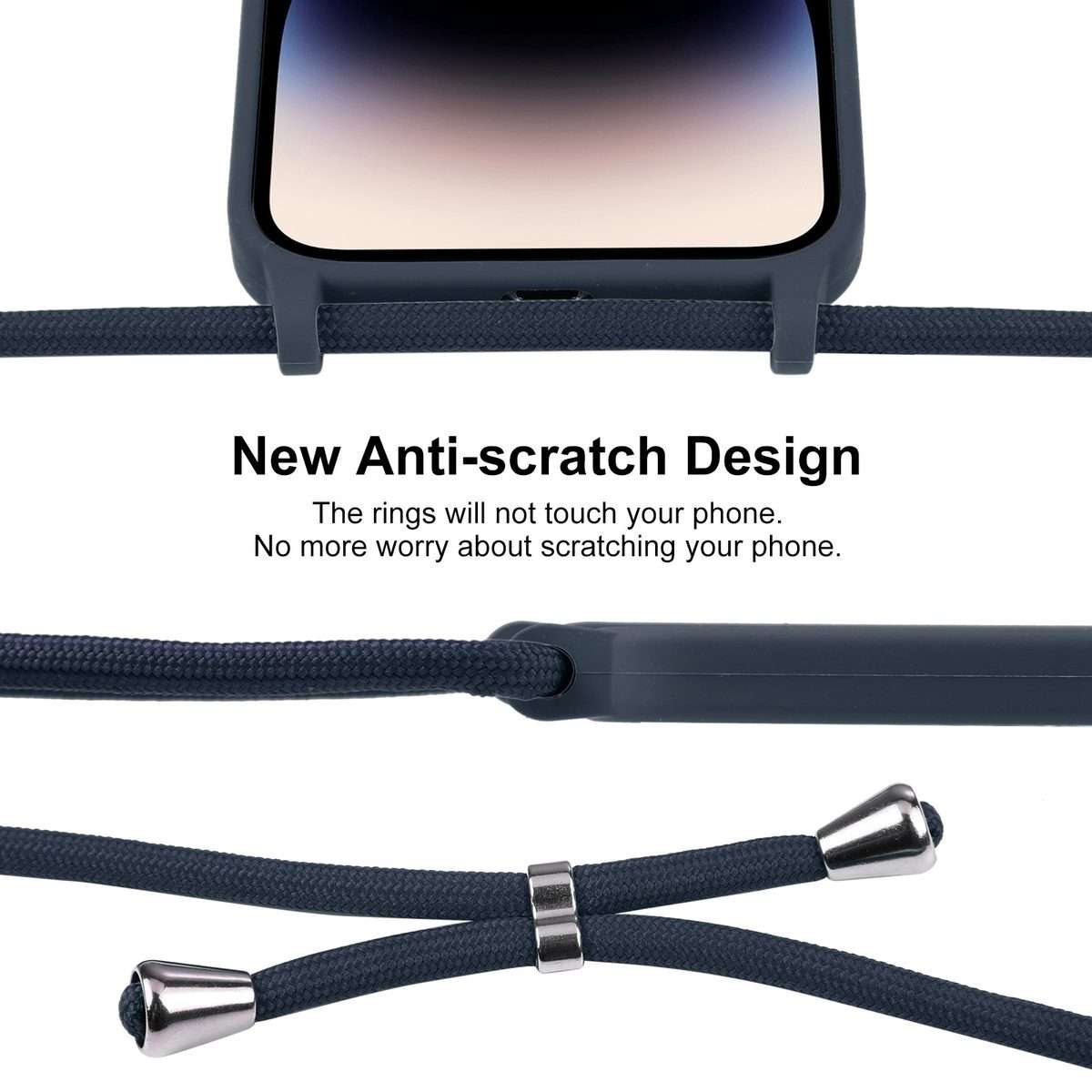 For iPhone 15 Pro Crossbody Lanyard Liquid Silicone Case(Midnight Blue)