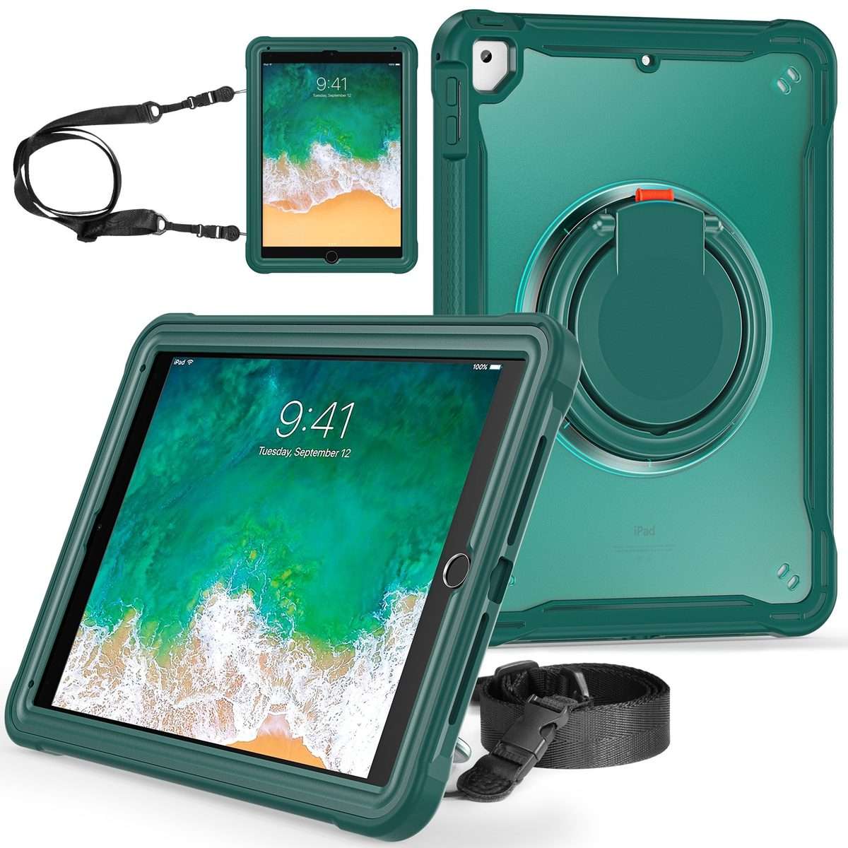 For iPad Air / Air 2 / 9.7 2018 / 2017 Heavy Duty Hybrid Tablet Case with Handle ... (Dark Green)