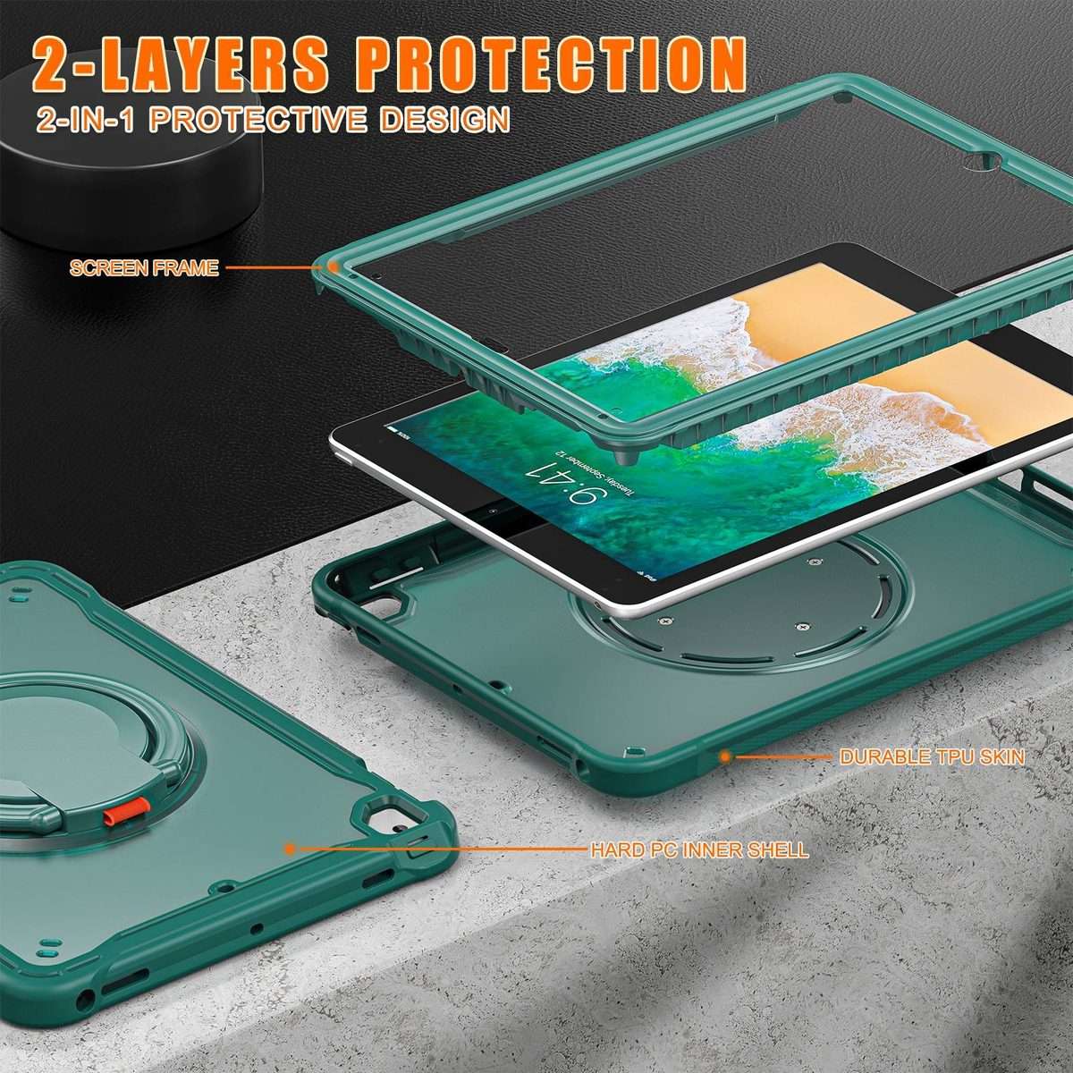 For iPad Air / Air 2 / 9.7 2018 / 2017 Heavy Duty Hybrid Tablet Case with Handle ... (Dark Green)