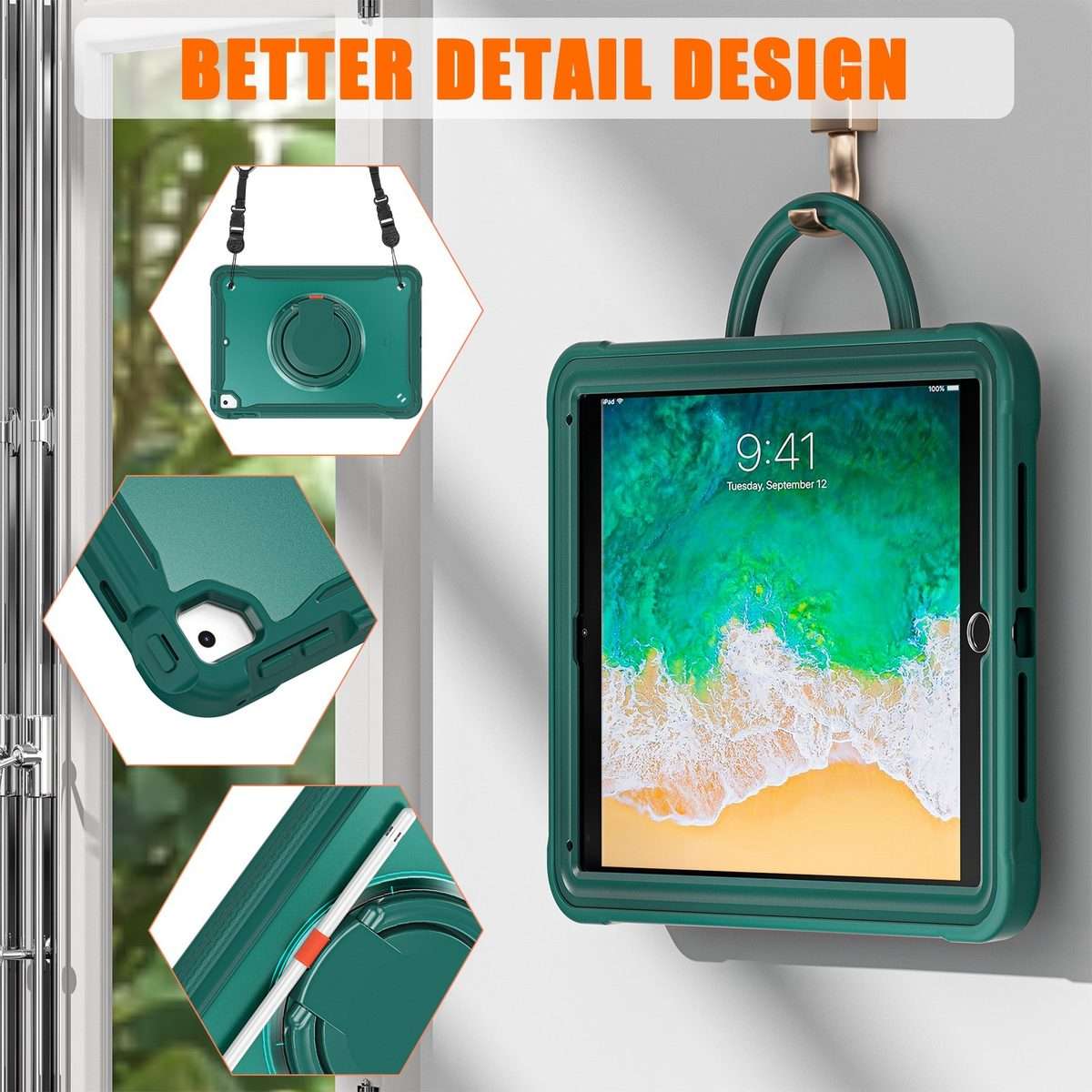 For iPad Air / Air 2 / 9.7 2018 / 2017 Heavy Duty Hybrid Tablet Case with Handle ... (Dark Green)