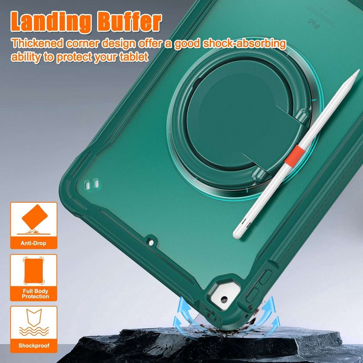 For iPad Air / Air 2 / 9.7 2018 / 2017 Heavy Duty Hybrid Tablet Case with Handle ... (Dark Green)