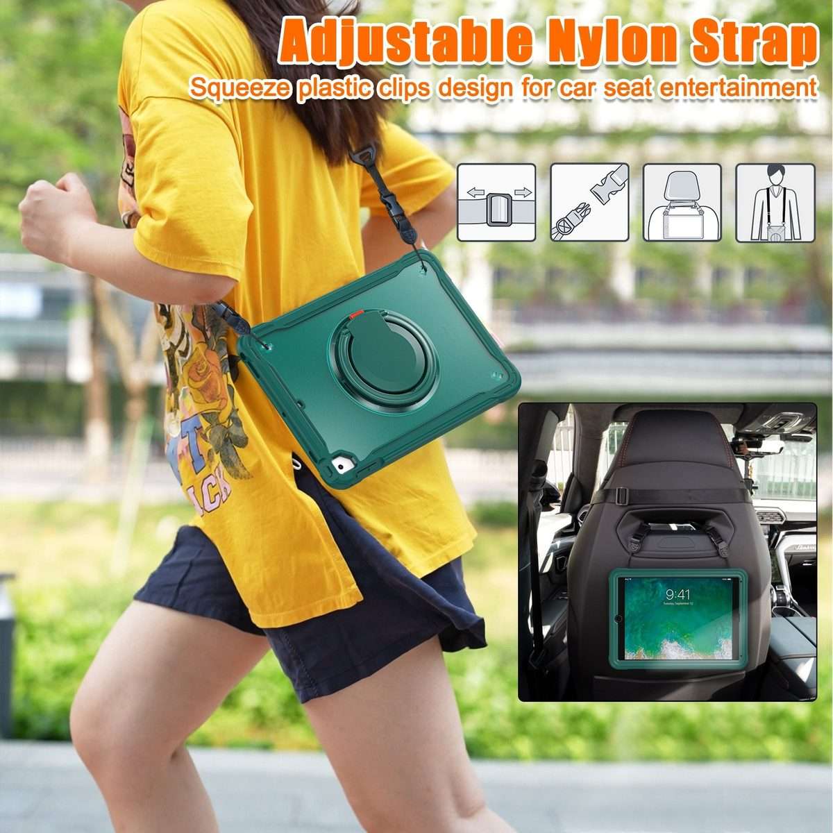 For iPad Air / Air 2 / 9.7 2018 / 2017 Heavy Duty Hybrid Tablet Case with Handle ... (Dark Green)