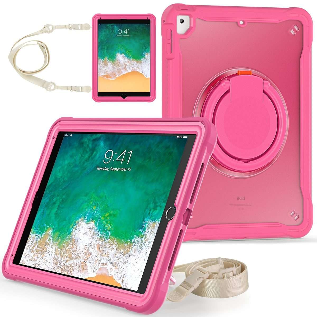 For iPad Air / Air 2 / 9.7 2018 / 2017 Heavy Duty Hybrid Tablet Case with Handle & Strap(Rose Red)