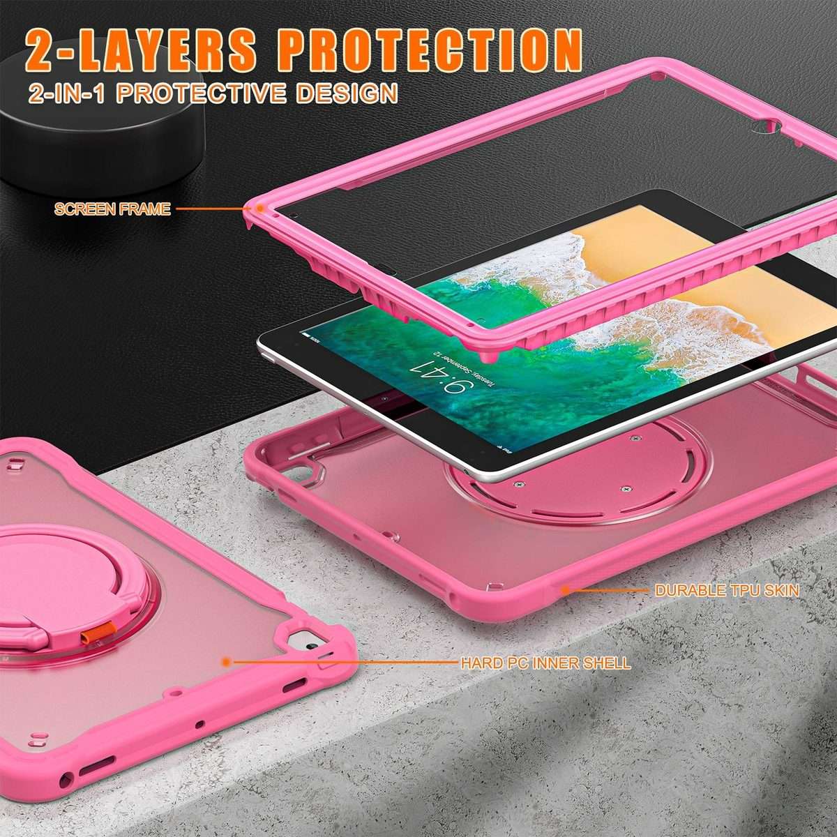 For iPad Air / Air 2 / 9.7 2018 / 2017 Heavy Duty Hybrid Tablet Case with Handle & Strap(Rose Red)