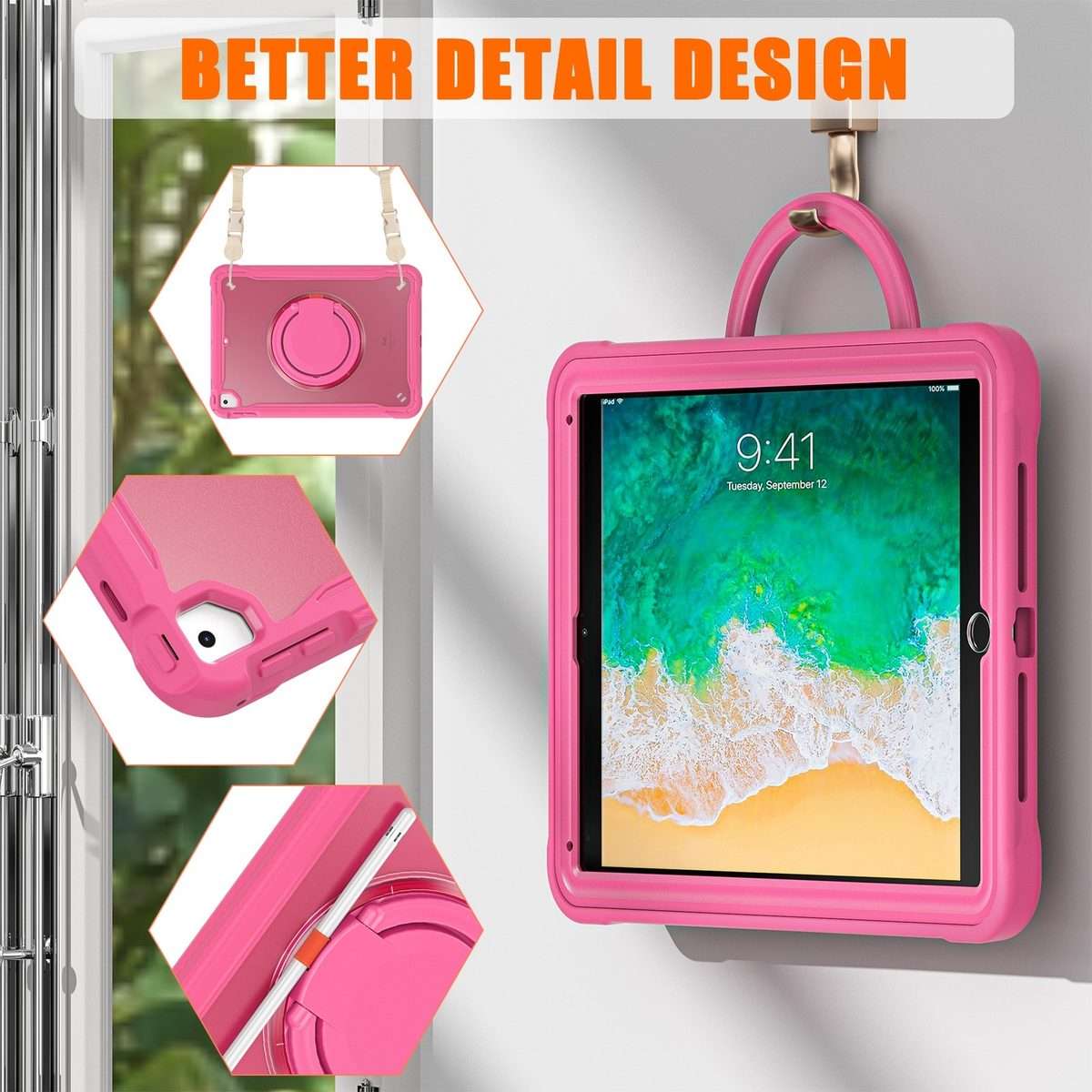 For iPad Air / Air 2 / 9.7 2018 / 2017 Heavy Duty Hybrid Tablet Case with Handle & Strap(Rose Red)