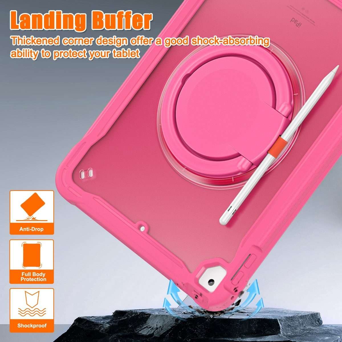 For iPad Air / Air 2 / 9.7 2018 / 2017 Heavy Duty Hybrid Tablet Case with Handle & Strap(Rose Red)