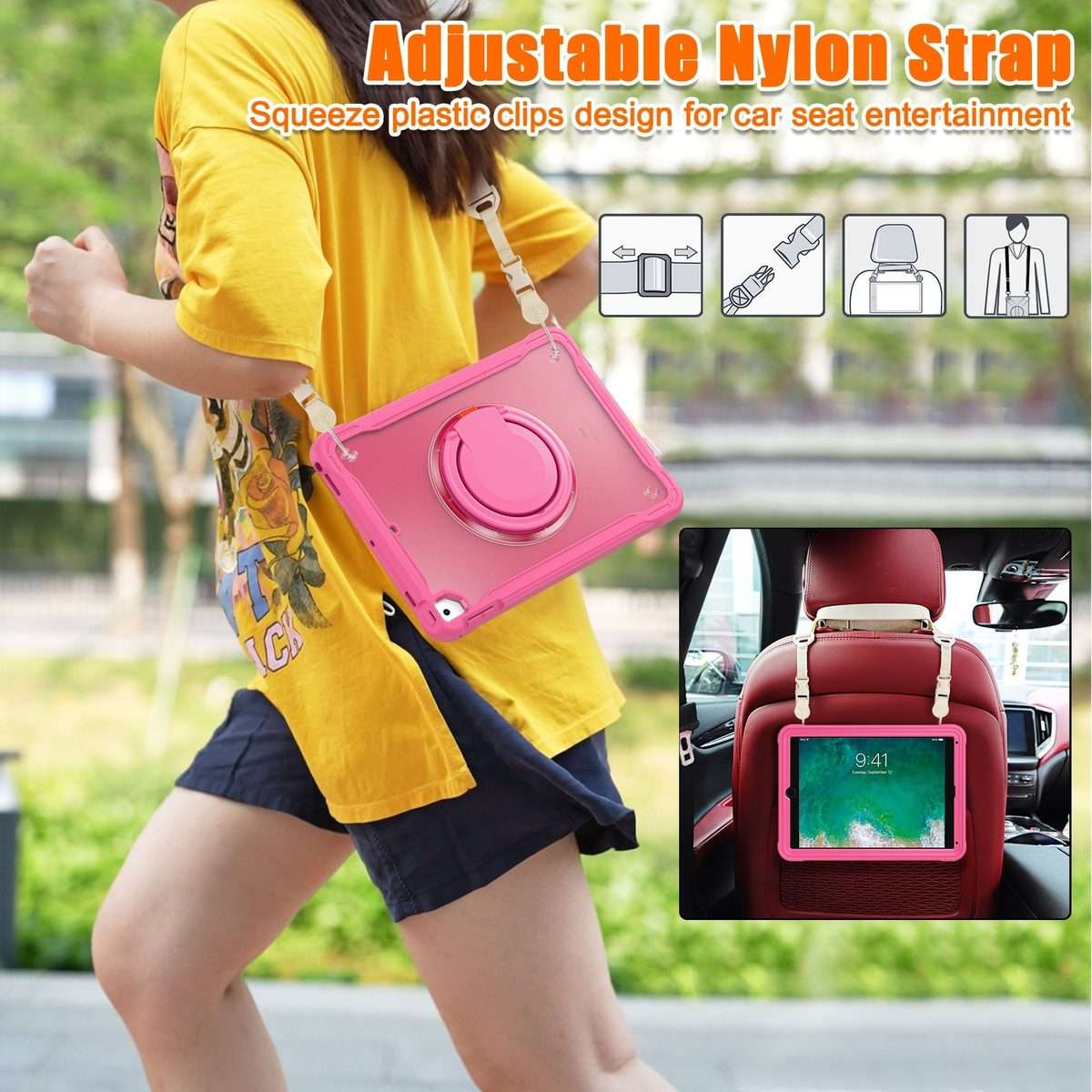 For iPad Air / Air 2 / 9.7 2018 / 2017 Heavy Duty Hybrid Tablet Case with Handle & Strap(Rose Red)