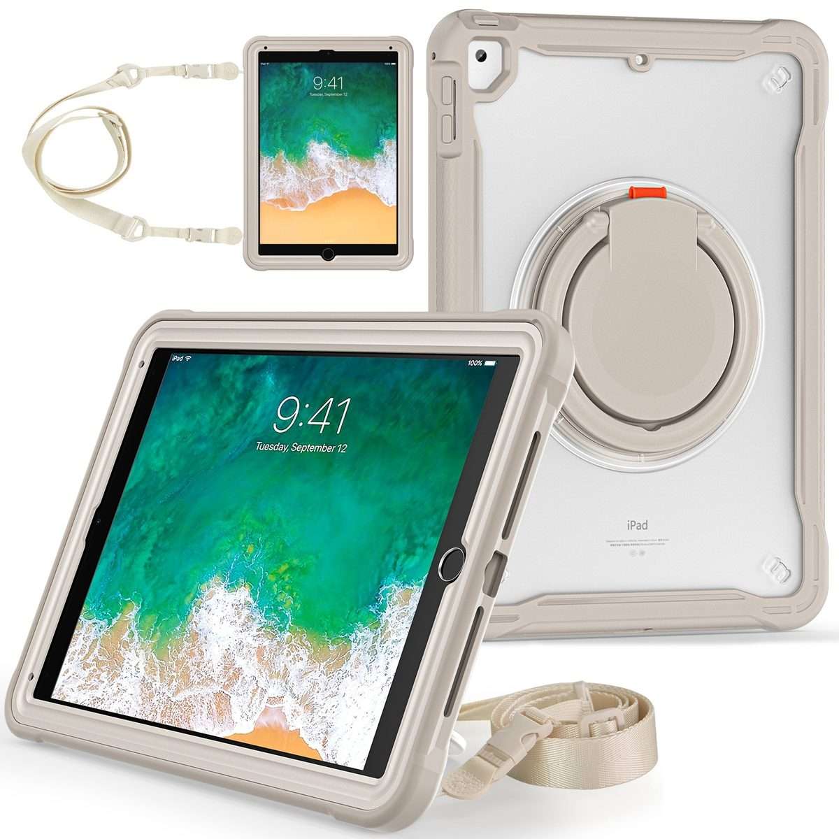 For iPad Air / Air 2 / 9.7 2018 / 2017 Heavy Duty Hybrid Tablet Case with Handle & Strap(Khaki)
