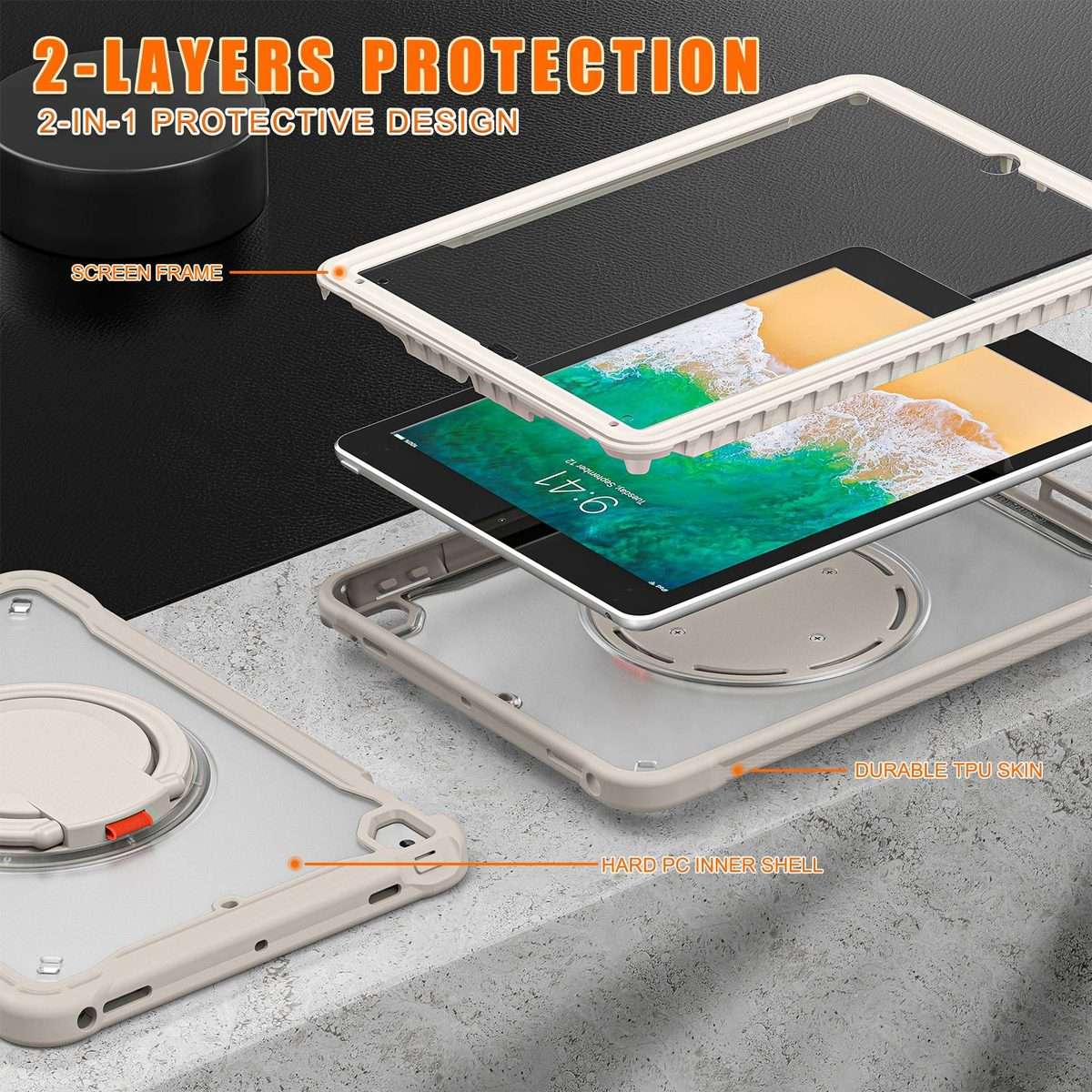 For iPad Air / Air 2 / 9.7 2018 / 2017 Heavy Duty Hybrid Tablet Case with Handle & Strap(Khaki)