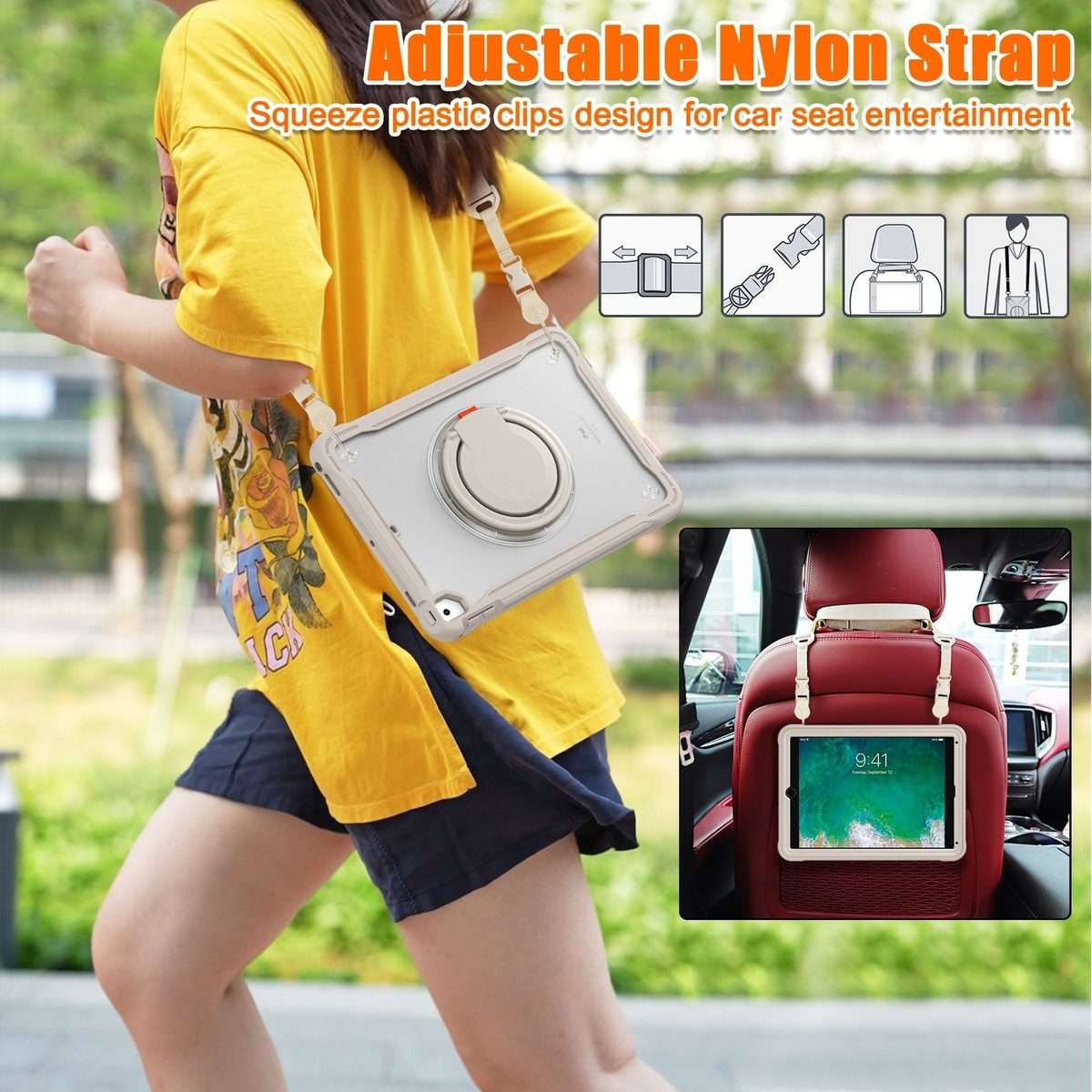 For iPad Air / Air 2 / 9.7 2018 / 2017 Heavy Duty Hybrid Tablet Case with Handle & Strap(Khaki)