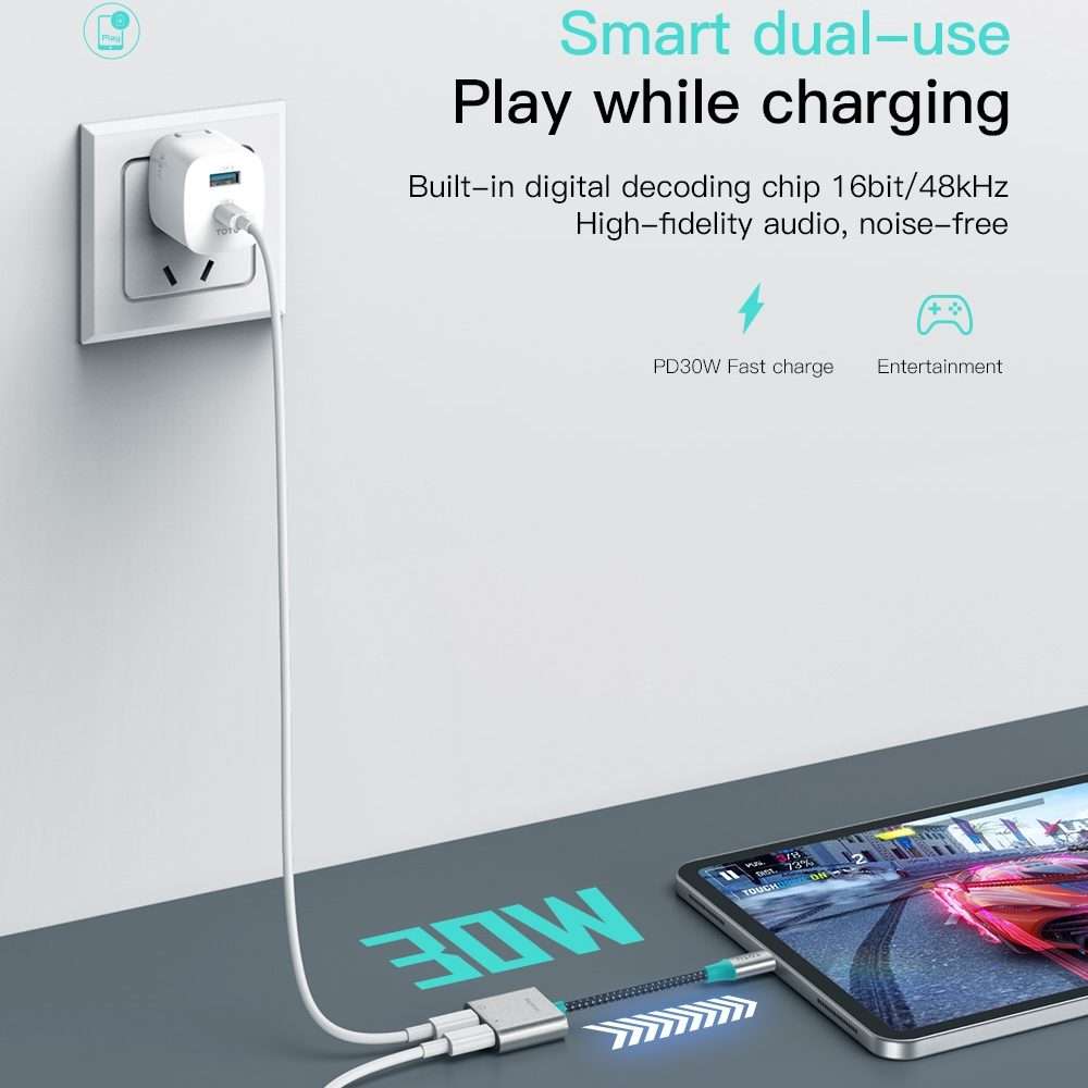 TOTU AD-5 USB-C/Type-C to 3.5mm+USB-C/Type-C Charger Audio Adapter