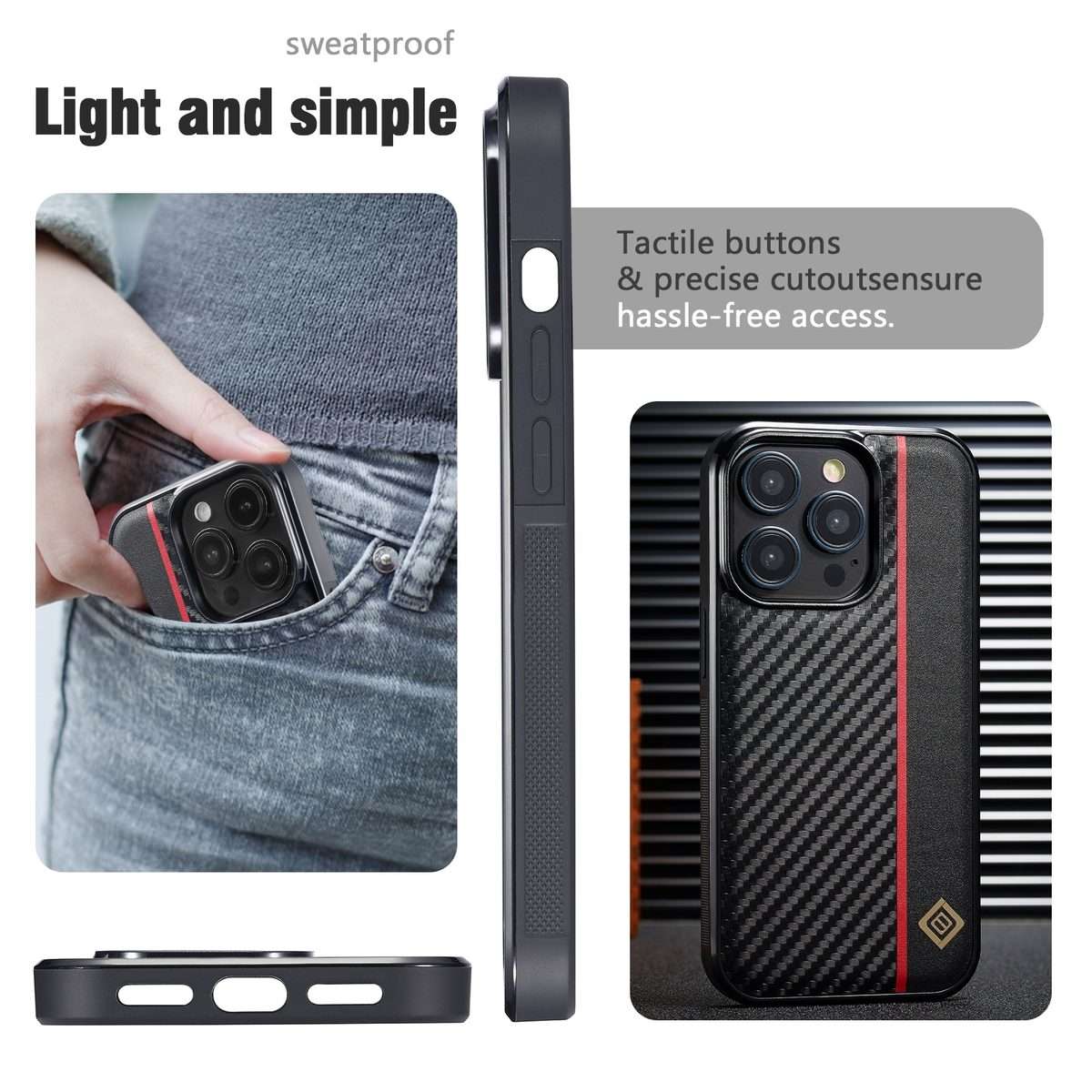 For iPhone 12 Pro Max LC.IMEEKE 3 in 1 Carbon Fiber Texture Shockproof Phone Case(Black)