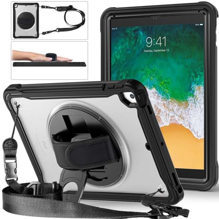 For iPad Air / Air 2 / 9.7 2018 / 2017 Heavy Duty Hybrid Tablet Case with Hand Grip & Strap(Black)