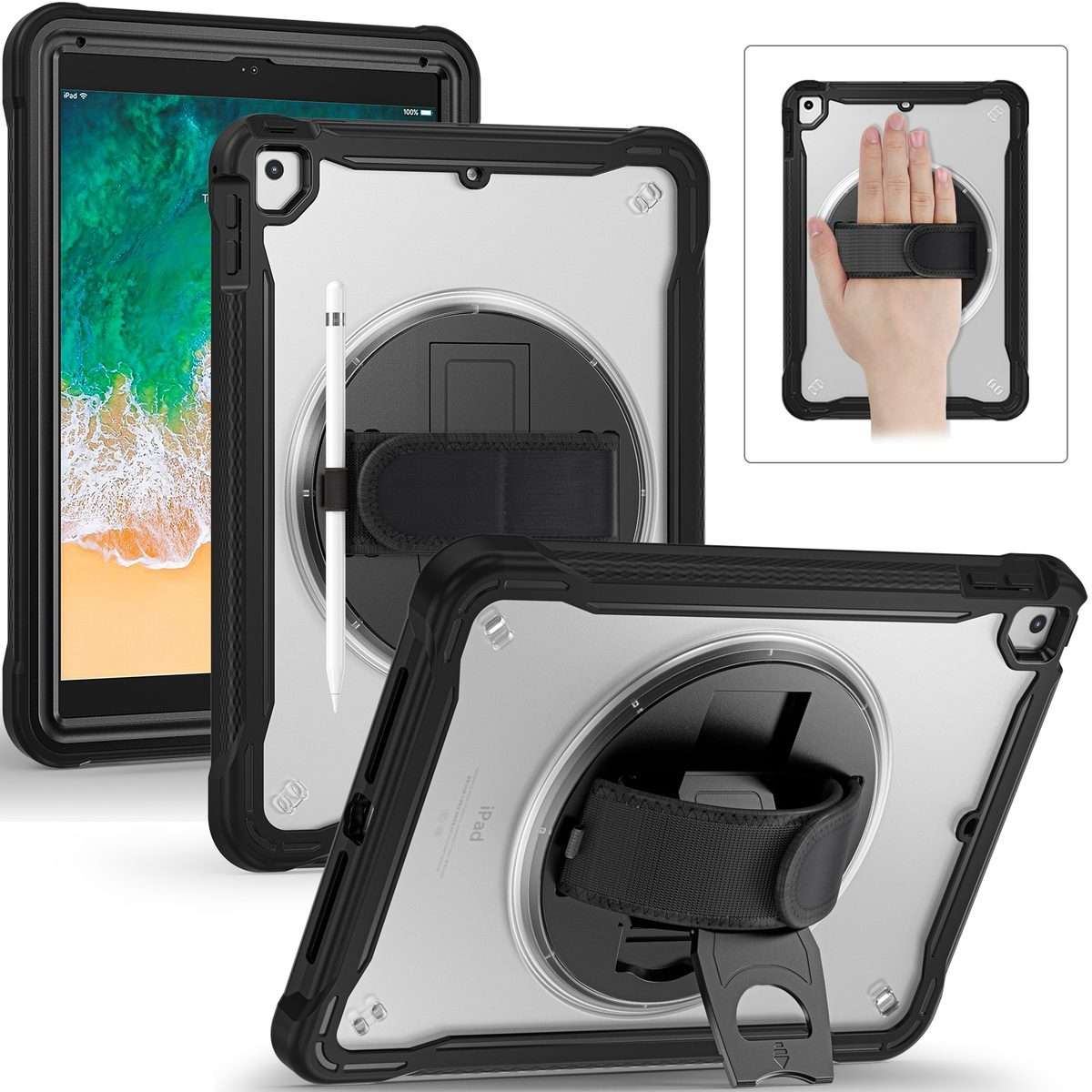 For iPad Air / Air 2 / 9.7 2018 / 2017 Heavy Duty Hybrid Tablet Case with Hand Grip & Strap(Black)