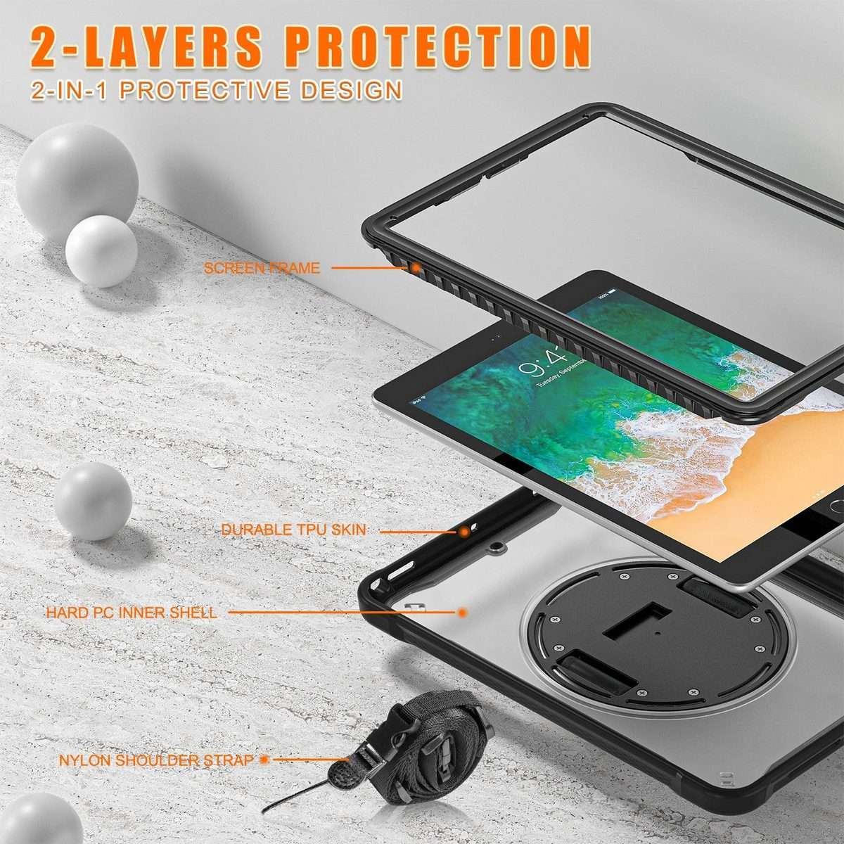 For iPad Air / Air 2 / 9.7 2018 / 2017 Heavy Duty Hybrid Tablet Case with Hand Grip & Strap(Black)
