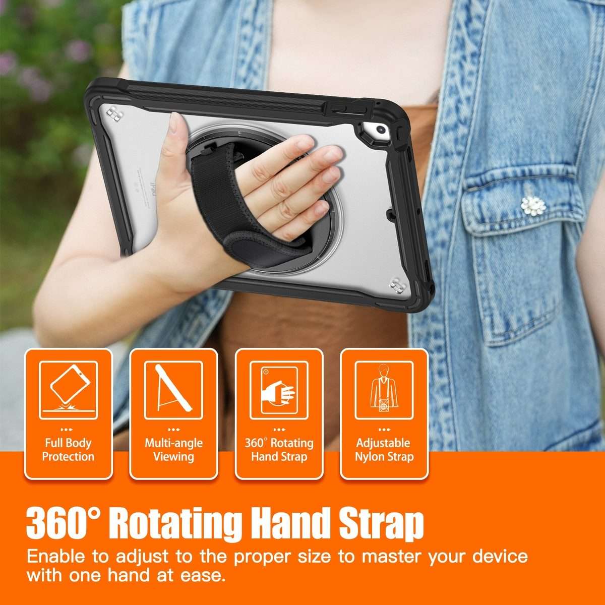 For iPad Air / Air 2 / 9.7 2018 / 2017 Heavy Duty Hybrid Tablet Case with Hand Grip & Strap(Black)