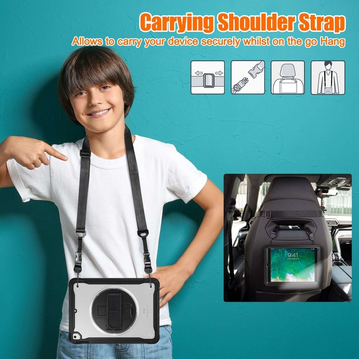 For iPad Air / Air 2 / 9.7 2018 / 2017 Heavy Duty Hybrid Tablet Case with Hand Grip & Strap(Black)