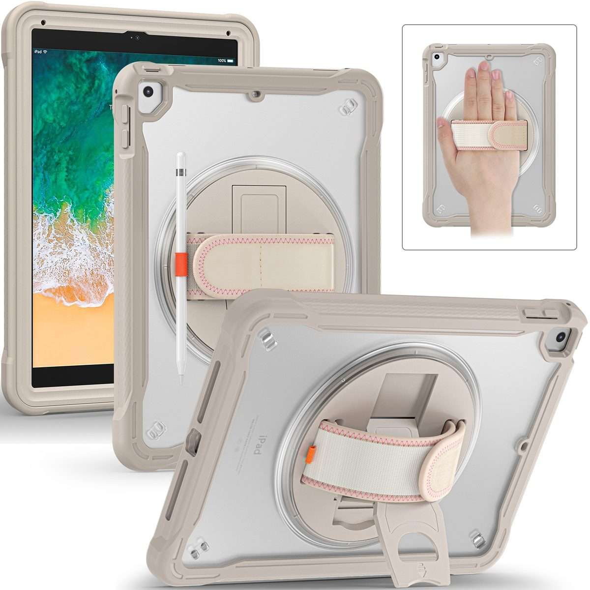 For iPad Air / Air 2 / 9.7 2018 / 2017 Heavy Duty Hybrid Tablet Case with Hand Grip & Strap(Khaki)
