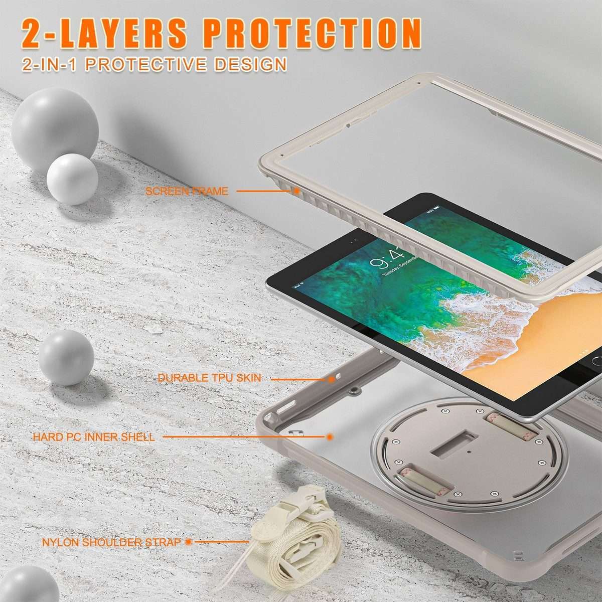 For iPad Air / Air 2 / 9.7 2018 / 2017 Heavy Duty Hybrid Tablet Case with Hand Grip & Strap(Khaki)