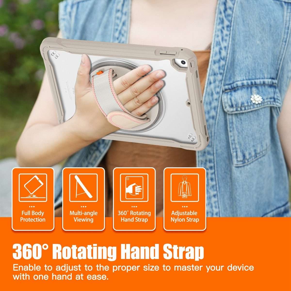 For iPad Air / Air 2 / 9.7 2018 / 2017 Heavy Duty Hybrid Tablet Case with Hand Grip & Strap(Khaki)