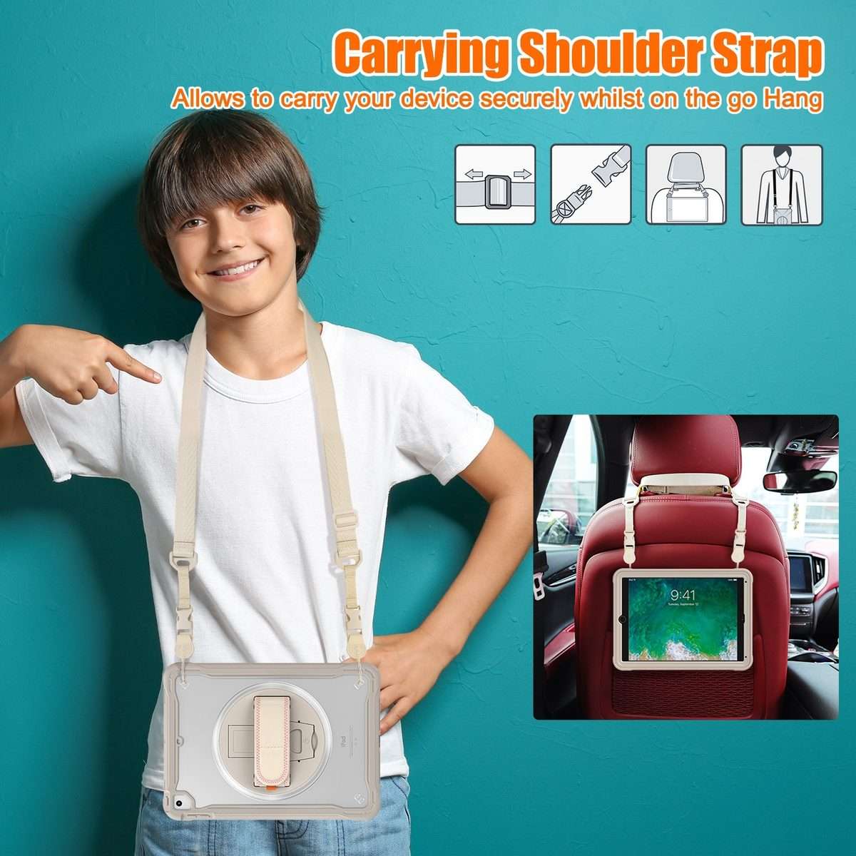 For iPad Air / Air 2 / 9.7 2018 / 2017 Heavy Duty Hybrid Tablet Case with Hand Grip & Strap(Khaki)