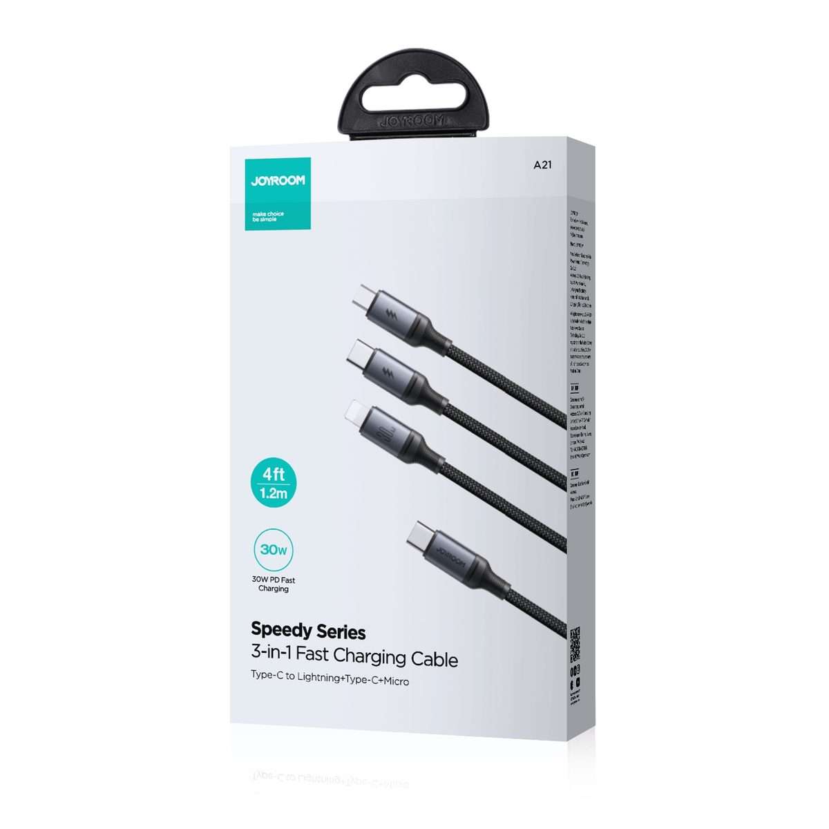 JOYROOM A21 30W Type-C to 8 Pin+Type-C+Micro USB 3 in 1 Charging Cable, Length: 1.2m(Black)